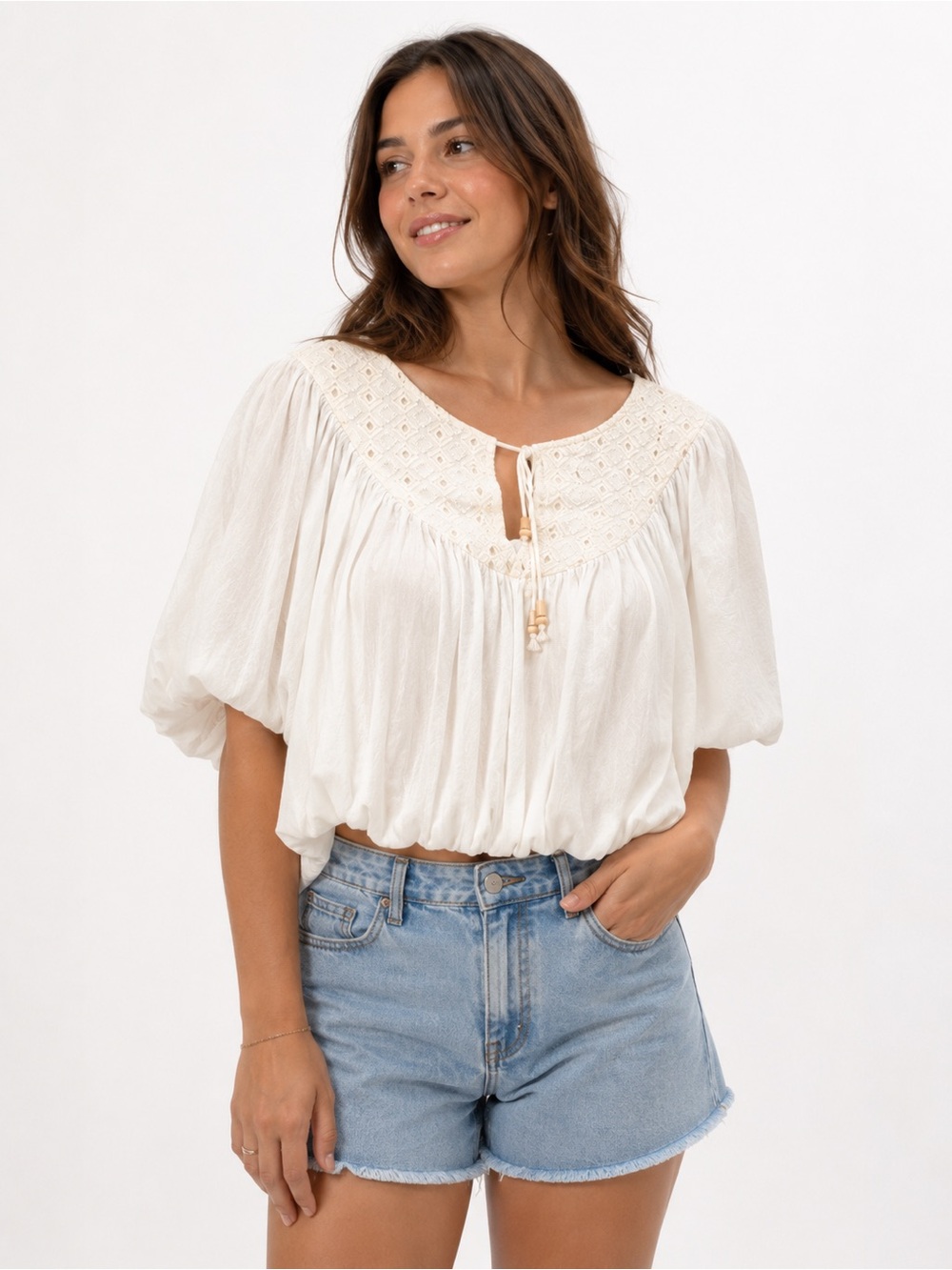 LIFE White Eyelet Yoke Boho Top Puff Sleeve Bubble Hem Wood Beads Large